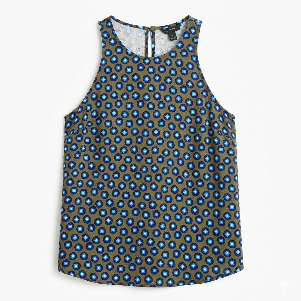 J.Crew Olive Green Geometric Tile Print Halter Tank Top Size 8 Style 02774 Chic